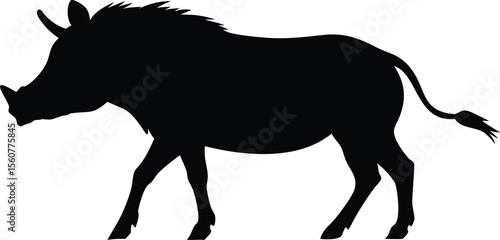 Black silhouette of a warthog in profile isolated on white background showing detailed outline