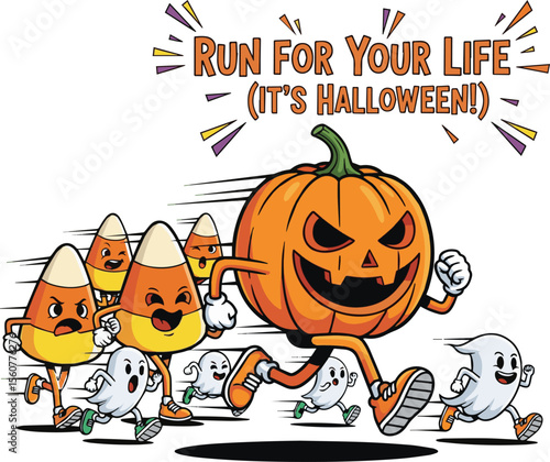 Halloween characters running together with text pumpkin candy corn