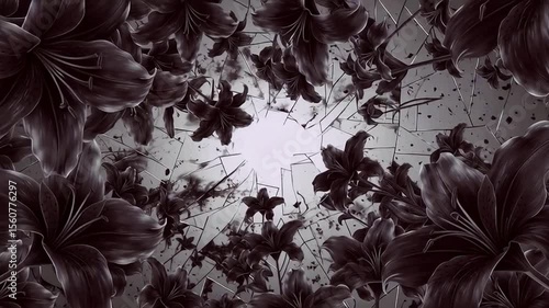 黒い花とひび割れた鏡が織りなすゴシック調ループ背景動画 generative ai