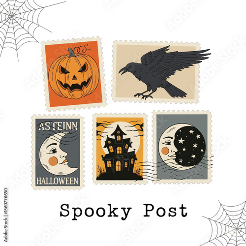 Halloween themed stamps featuring a jack o lantern a crow a haunted house and celestial moons spooky