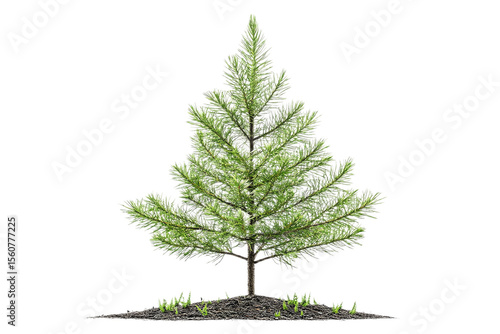 Small sapling conifer tree isolated against white background.