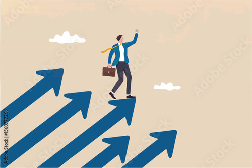 Flat cartoon vector illustration of a businessman walking on upward arrows isolated on transparent background