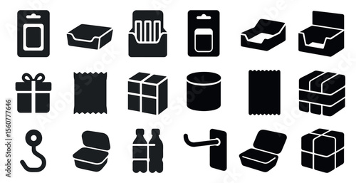 Collection of black and white icons for various items such as a box, a bottle, a bag, and a gift