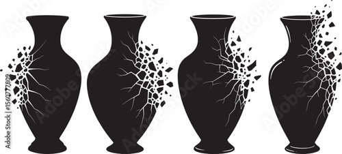 Broken Vase Shattered Pottery Silhouette Vector Set vector illustration