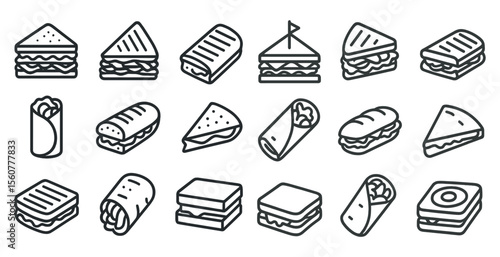 Collection of sandwiches and wraps in a white background. The sandwiches are arranged in a row, with some being cut in half and others being whole