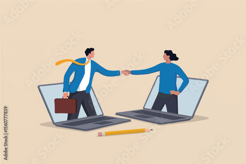 Business handshake through laptops isolated on transparent background