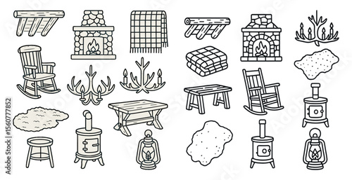 Collection of various home furnishings, including a fireplace, a rocking chair, a table, and a chair