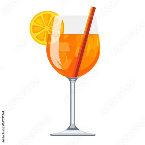 2D flat vector illustration of a Aperol Spritz in icon style, isolated on white background