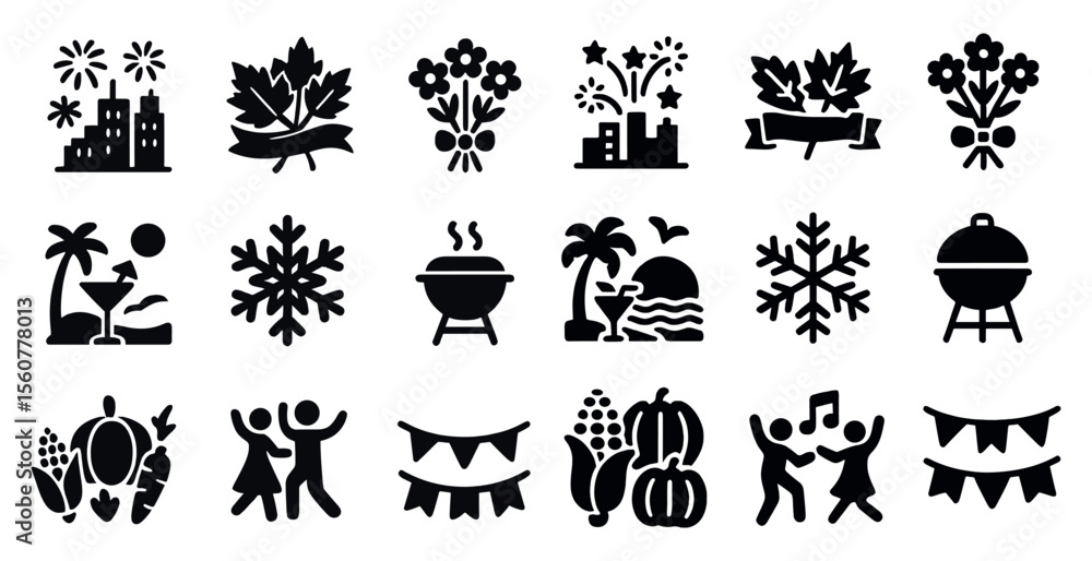 Collection of black and white icons depicting various holiday celebrations. The icons include a Christmas tree, a palm tree, a beach scene, a snowflake, a fire, a grill, a hot tub, a boat Collection of black and white icons depicting various holiday celebrations. The icons include a Christmas tree, a palm tree, a beach scene, a snowflake, a fire, a grill, a hot tub, a boat