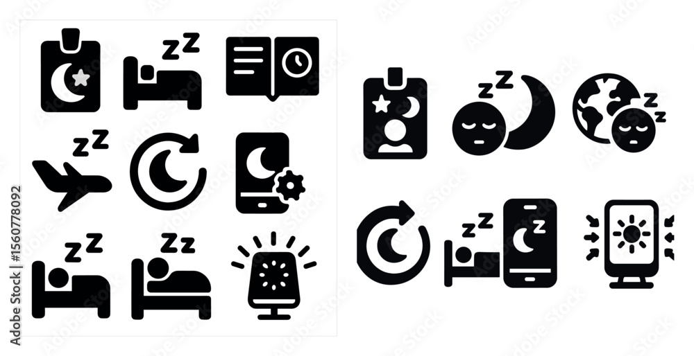 Set of black and white icons for sleep and rest. The icons include a bed, a clock, a book, a phone, a laptop, a car, a plane, a person, and a planet Set of black and white icons for sleep and rest. The icons include a bed, a clock, a book, a phone, a laptop, a car, a plane, a person, and a planet