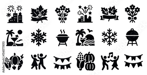 Collection of black and white icons depicting various holiday celebrations. The icons include a Christmas tree, a palm tree, a beach scene, a snowflake, a fire, a grill, a hot tub, a boat