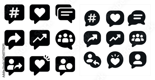 Set of black and white icons, including hearts, arrows, and people. The icons are arranged in a grid, with some overlapping each other. Scene is one of communication and connection