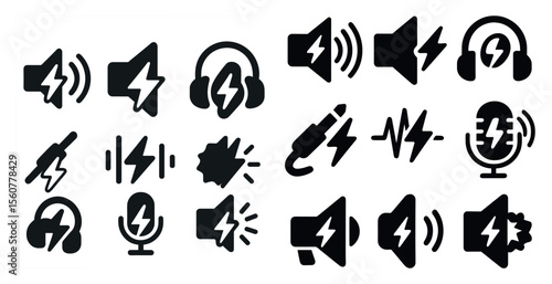 Collection of icons for headphones, microphones, and other audio equipment. The icons are all black and white, and they all have a similar design. Scene is one of technology and innovation