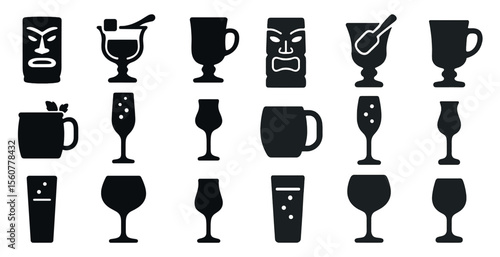 Set of black and white icons of various types of glasses and cups. The icons include a tall glass, a short glass, a wine glass, a coffee mug, a tumbler, a martini glass, a shot glass