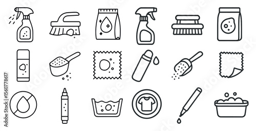 Set of cleaning supplies including a brush, a bottle of cleaner, and a bottle of detergent