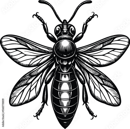 Intricate Black and White Illustration of a Bee