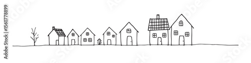 Simple children's doodle drawing of houses lined up in a whimsical style 