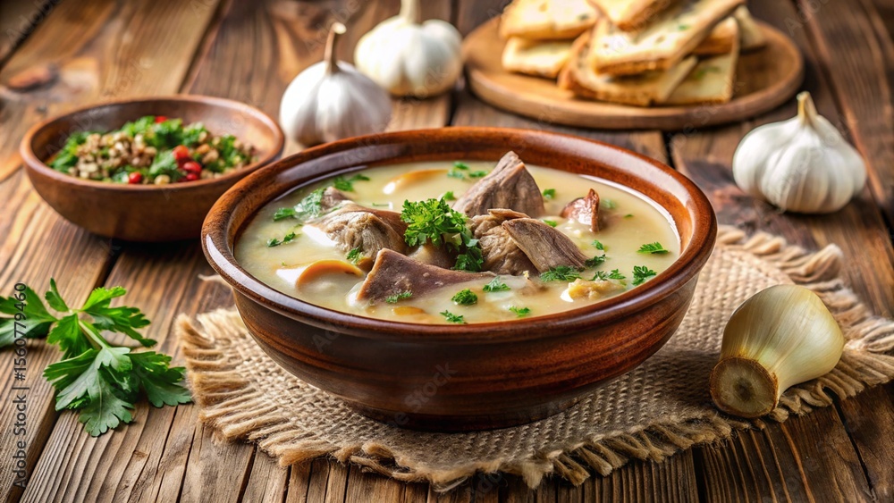 Armenian khash — slow-cooked cow feet soup with garlic and lavash, served hot in a traditional bowl Armenian khash — slow-cooked cow feet soup with garlic and lavash, served hot in a traditional bowl