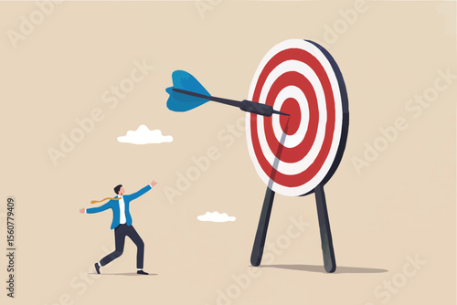 Businessman hitting the bullseye on a dartboard isolated on transparent background