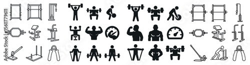 Collection of fitness icons and equipment. The icons include a man lifting weights, a man doing pushups, a man doing situps, a man doing squats, a man doing lunges, a man doing a bench press