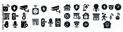 Collection of icons for home security and smart home devices. The icons include a camera, a door, a light switch, a microphone, a speaker, and a remote control. Concept of a modern