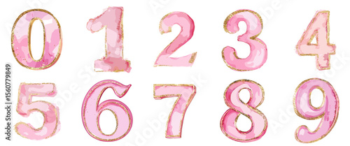 Watercolor pink numbers 0 to 9 with golden accents  