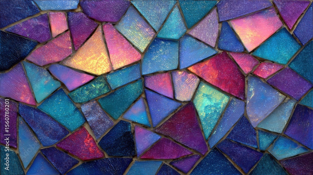 The artwork features a dazzling array of iridescent glass pieces arranged in a mosaic pattern. Colors of purple, blue, and hints of gold create an eye-catching display, reflecting light beautifully. The artwork features a dazzling array of iridescent glass pieces arranged in a mosaic pattern. Colors of purple, blue, and hints of gold create an eye-catching display, reflecting light beautifully.