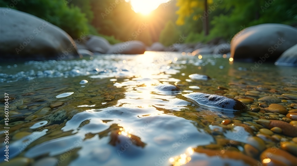 Fototapeta premium A high-resolution image of a shallow, clear riverbed with smooth, colorful pebbles visible beneath the flowing water, light reflections dancing across the surface 