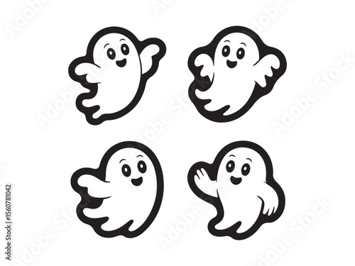 Silhouette four cute cartoon ghosts waving and smiling isolated on white background