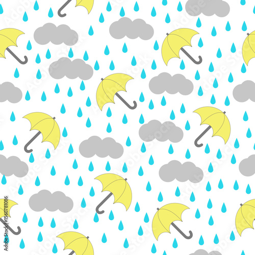  yellow Umbrellas clouds and raindrop seamless pattern with transparent background