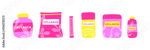 Set of flat beauty collagen supplements in packages isolated on white background. Drinking collagen powder icons. Feminine anti aging products. Skin health concept.