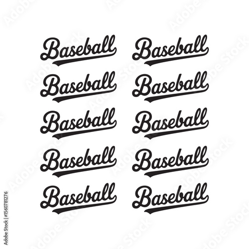 Multiple instances of the word baseball in a stylish script font isolated on white background