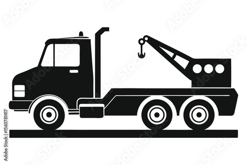 Black and White Vector Silhouette Image of a Tow Truck with Hook