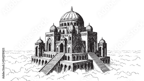Engraving of ancient sky temple floating above clouds with domes arches and celestial pillars