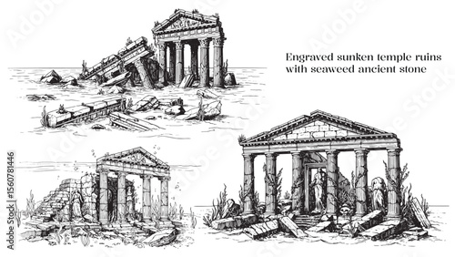 Engraved sunken temple ruins with seaweed ancient stone debris and lost oceanic mystic symbols