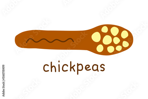 Hand drawn flat chickpeas in wooden spoon isolated on white background. Vegan high protein.
