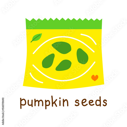 Hand drawn flat pumpkin seeds in packet isolated on white background. Vegan high protein.