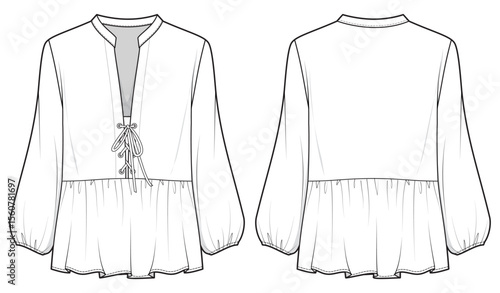 Peasant blouse with keyhole neck details design flat sketch fashion illustration with front and back view. Drawstring front open blouse top cad drawing vector template