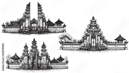Engraved Balinese temple with decorative meru rooftops and split stone gates