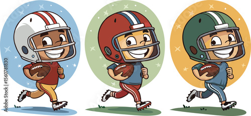American football cartoon players with round helmets and expressive faces, vector style.
