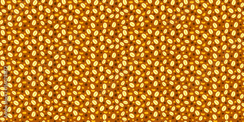 Seamless pattern with granola texture on brown background, oat flakes and chocolate chips.