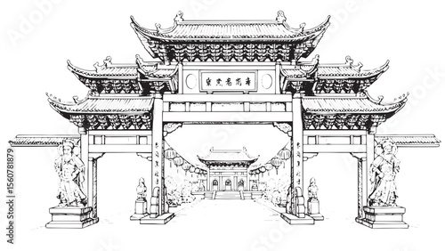 Engraved Chinese gate with curved tiled roofs stone guardians and hanging lanterns