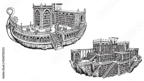 Engraved fantasy archive with floating bookshelves arcane staircases and celestial magical runes
