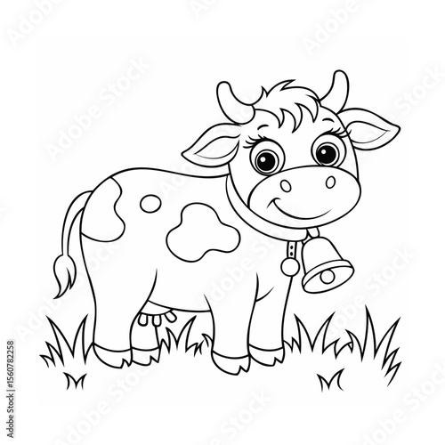 Handdrawn cartoon cow with bell standing on grass in outline animal farm