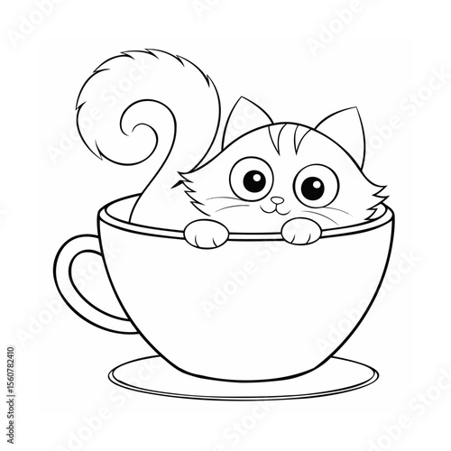 Handdrawn a cute cat in a teacup with a saucer handle Kitten