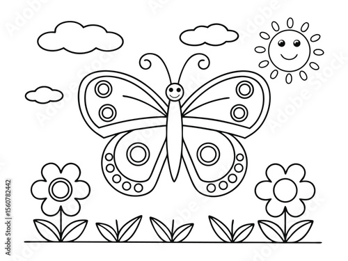 Easy coloring page with garden flowers and a big butterfly