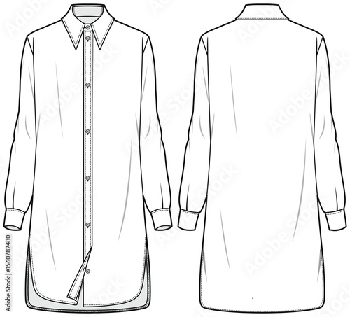 Women Tunic shirt dress design with band collar flat sketch fashion illustration with front and back view, Long Sleeve Kurtha shirt dress cad technical drawing vector template
