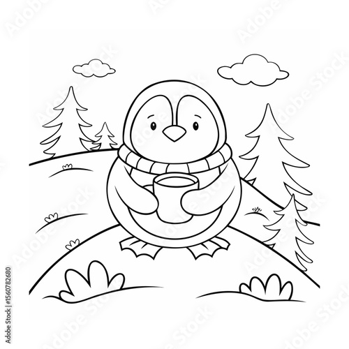 Bild auf Leinwand Handdrawn Penguin with Scarf Holding a Mug in Winter Landscape with Trees Clouds