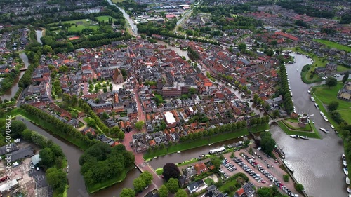 An panorama Aerial view of the old town of the city Dokkum in the Netherlands on a sunny morning in summer