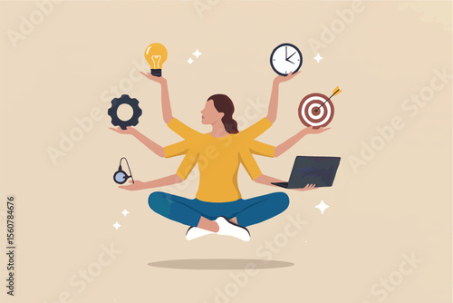 Multitasking woman with multiple arms holding business icons isolated on transparent background